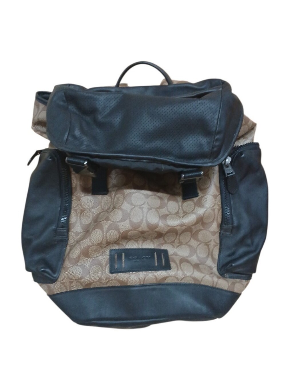 Coach Leather Brown Signature Canvas Backpack with Black Trim Unisex